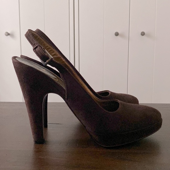 Prada Chocolate Brown Suede Slingback Platform Pumps - Picture 3 of 13